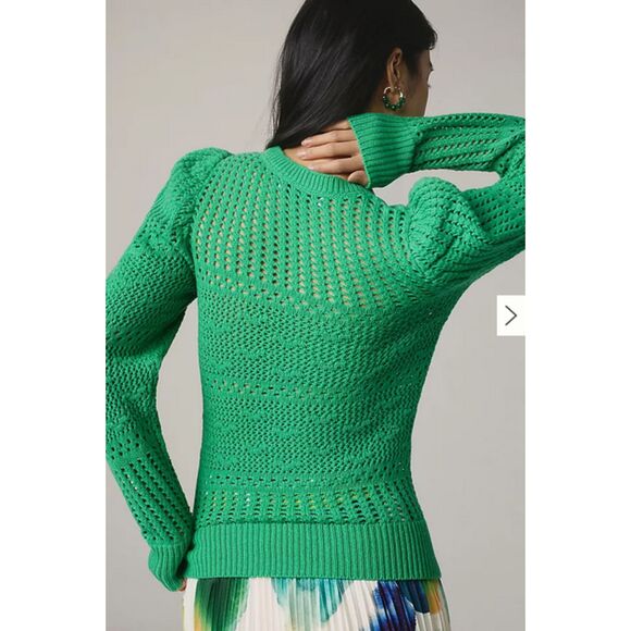 Green Joie Merino Wool Puff-Sleeve Crochet Open-Stitch Crewneck Sweater (NWT) - Picture 4 of 5